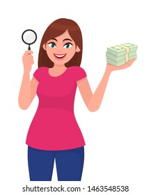Young woman holding magnifying glass. Girl showing cash, money, currency notes in hand. Female character design illustration. Modern lifestyle, finance, payment concept in vector cartoon style.