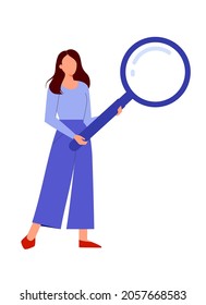 Young woman holding magnifying glass. Female character standing and looking for information with magnifier. Girl with loupe  searching of solutions. Research and analysis concept. Vector illustration