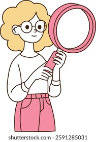 Young woman holding a magnifying glass and clipboard, inspecting documents, minimal line art vector illustration.