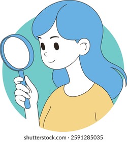 Young woman holding a magnifying glass and clipboard, inspecting documents, minimal line art vector illustration.