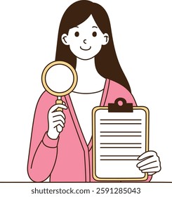 Young woman holding a magnifying glass and clipboard, inspecting documents, minimal line art vector illustration.