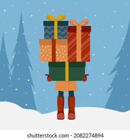 Young woman holding many colorful gift boxes against the background of a winter landscape. Vector illustration in flat cartoon style isolated on white background.