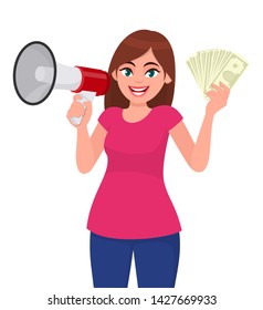 Young woman holding a megaphone or loudspeaker. Girl showing cash, money, currency notes in hand. Female character design illustration. Modern lifestyle concept illustration in vector cartoon style.