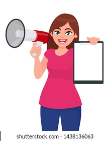 Young woman holding a megaphone or loudspeaker in hand. Girl holding blank clipboard, document, file or report. Female character design illustration. Modern lifestyle concept in vector cartoon style.