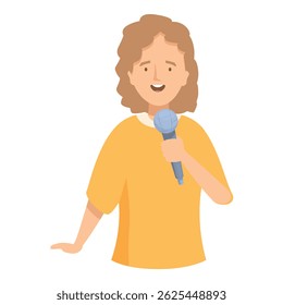 Young woman is holding a microphone and speaking, possibly making an announcement or giving a presentation