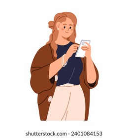 Mujer joven sosteniendo un teléfono celular. Persona femenina con smartphone, teléfono celular en la mano, usando equipo, navegar en línea, navegar por Internet. Ilustración vectorial plana aislada en fondo blanco