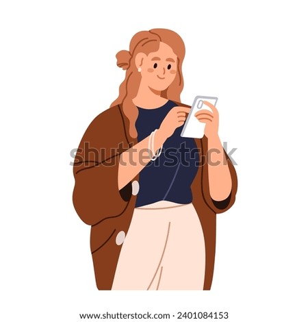 Young woman holding mobile cell phone. Female character with smartphone, cellphone in hand, using device, scrolling online, surfing internet. Flat vector illustration isolated on white background