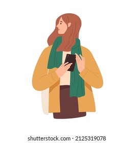 Young woman holding mobile phone. Person with smartphone in hand, standing outdoors. Female with cellphone on street. People and gadget. Flat vector illustration isolated on white background