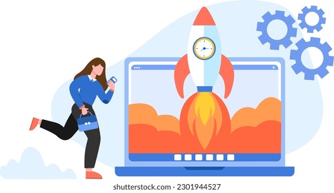 Young woman holding mobile phone and running near laptop with rocket on screen. Time management concept with cartoon character late for work. Flat vector illustration in blue and red colors