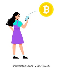 Young  woman holding mobile phone with relocating bitcoins into wallet. Concept of bitcoin exchange, mining, cryptocurrency cold wallet, mobile banking. Vector cartoon illustration