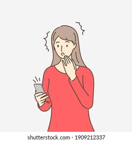 Young woman holding mobile and surprised while received shocking news. Hand draw style. Vector illustration.