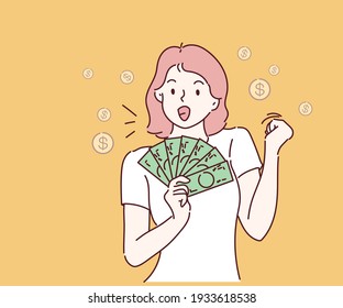 Young woman holding money banknotes and celebrating. Hand drawn in thin line style, vector illustrations.