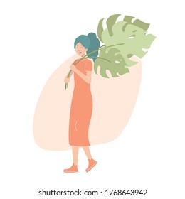 Young woman holding monstera leaves in her hands. Flat vector illustration on white background.