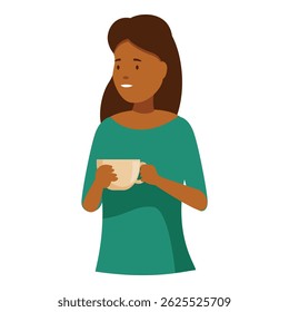 Young woman is holding a mug in her hands, enjoying a hot beverage and looking away