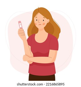 A young woman is holding a negative pregnancy test. The girl is upset, depressed. Vector flat illustration.