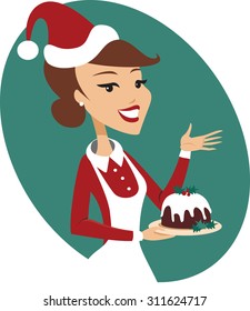 Young woman holding nicely decorated Christmas pudding