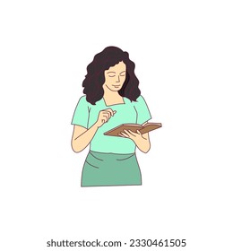Young woman holding a notebook in her hand and thinking illustration