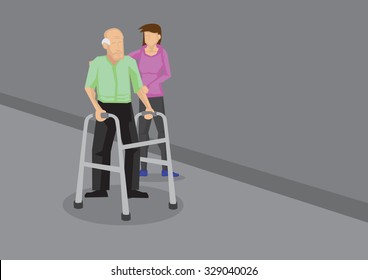 Young woman holding onto an old man with a walker. Vector cartoon illustration concept on caring for the elderly.