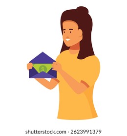 Young woman is holding an open envelope containing a cash payment