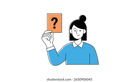 Young woman holding an orange square with a question mark against a white background