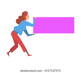 Young Woman Holding and Organizing Rectangular Geometric Shape, Back View Vector Illustration