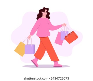 Young Woman Holding Packages with Clothes After Shopping. Female at Retail Mall Store Carrying Shopping Bags. Flat Vector Illustration.