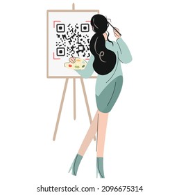 Young woman holding paintbrush and palette. Girl artist draws a QR code on an easel. Back view. Work and study at home. The concept of fighting covid. Vector flat cartoon isolated illustration.