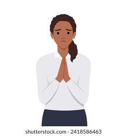 Young woman holding palms pressed together, asking for forgiveness, feeling sorry. Flat vector illustration isolated on white background