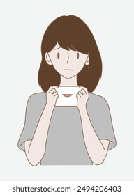 Young woman holding paper with drawn smile. Sad girl pretending to be happy, hiding real feeling with fake positive emotion. Hand drawn flat cartoon character vector illustration.