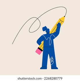 Young woman holding pencil. Drawing, writing, creating, design,  concept. Colorful vector illustration
