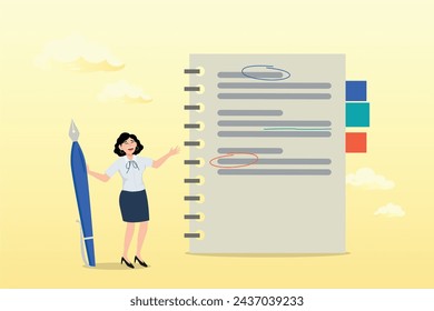 Young woman holding pencil with notebook or notepad for taking note, taking note for study and work, efficiency way for important information, summary or conclusion, planning or productivity (Vector)