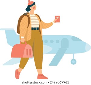 Young woman holding pet carrier and vet passport ready for boarding. Flat vector