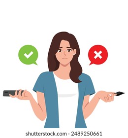 Young woman holding phone and credit card with question mark and think. Flat vector illustration isolated on white background