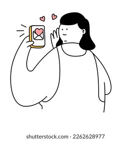 Young woman holding a phone with a notification message on the screen, sending a message in a mobile app. Secretly smiling, embarrassed, young women are in love. Thin line vector illustration on white