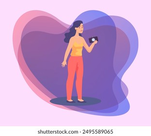 Young woman holding photocamera. Female tourist ot photographer using camera to take pictures of landmarks flat vector illustration. Tourism, technology, traveling concept