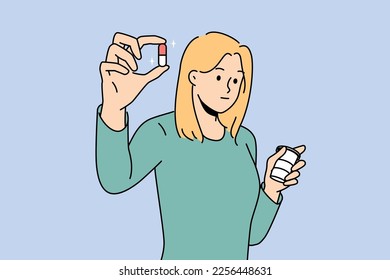 Young woman holding pill in hands taking antidepressants or painkillers. Female patient with drug or tablet recommend medical treatment. Medicine and healthcare. Vector illustration. 