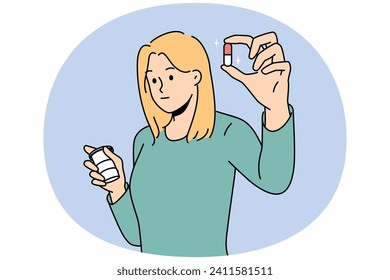 Young woman holding pill in hands taking antidepressants or painkillers. Female patient with drug or tablet recommend medical treatment. Medicine and healthcare. Vector illustration.