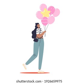 Young woman holding pink balloons bunch. Beautiful girl with air balloons for party or birthday over white background. Cartoon flat vector illustration