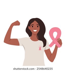 Mujer joven sostiene una cinta rosa mientras flexiona sus bíceps. Ilustración vectorial plana aislada sobre fondo blanco