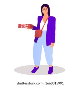 Young woman holding of pizza in boxes to eat. The girl is standing with a pizza in her hands.