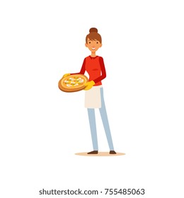 Young woman holding a pizza, housewife girl cooking food in the kitchen flat vector Illustration