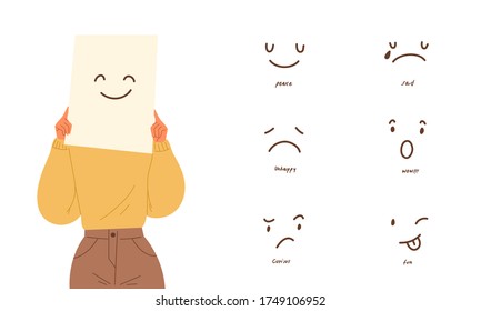 Young woman holding placard with smile drawing over her face, concept of emotion, feeling, expression and mood. Different face expression drawing to custom. Flat vector character illustration.