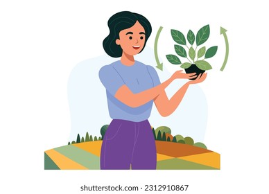 Mujer joven sosteniendo una planta con suelo. Crecer y cuidar. El concepto de jardinería. Agricultura regenerativa. Ilustración vectorial plana.