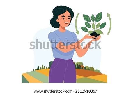 Young woman holding plant with soil. Growing and caring. Gardening concept. Regenerative Agriculture. Flat vector illustration. Foto stock © 