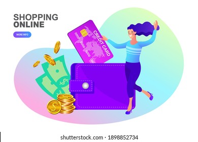 young woman holding plastic card and girl with coin. Salary, credit balance and budget concept. Successful Business People Put Money in Huge Purse. Cartoon Vector Illustration