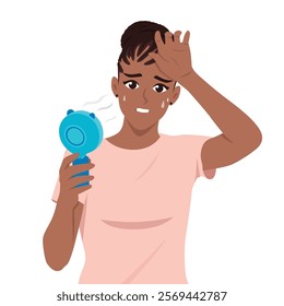 Young woman holding portable fan blowing her sweaty face. Flat vector Character Illustration