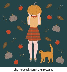 Young woman holding pumpkin. Autumn mood. Design for postcard, poster, flyer, web. Vector illustration. Girl with a cat. Autumn leaf fall.