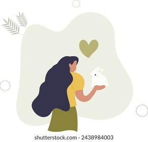 young woman holding a rabbit.animal care concept.flat vector illustration.