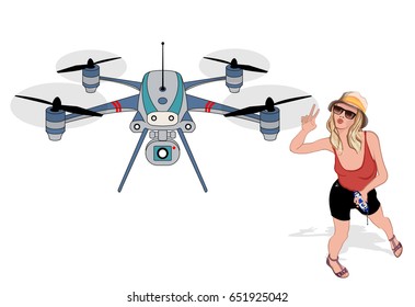 Young woman holding radio controller making selfies with a drone - vector illustration