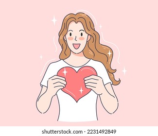 Young woman holding red heart with happiness and and smilling, Love and romantic valentine's day concept, Vector illustration 
